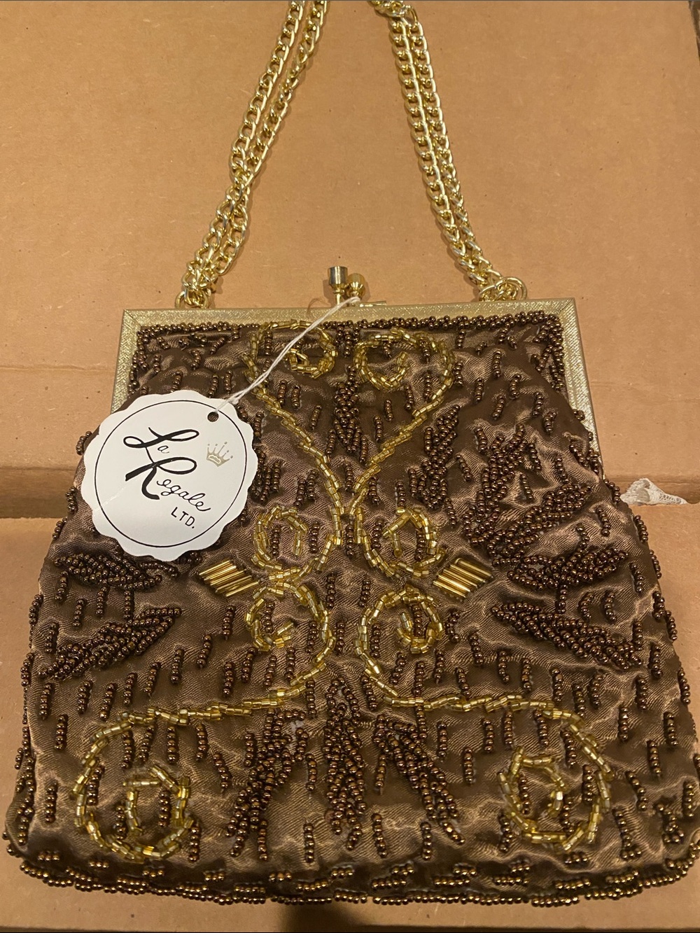 La Regale Brown Beaded Evening Clutch with Gold Chain